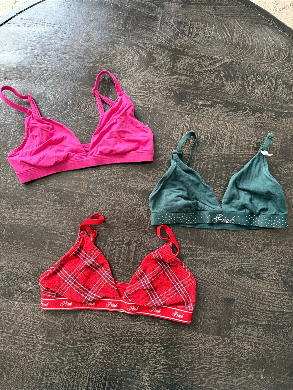 PINK Victoria's Secret Bralette Set - Hot Pink, Emerald Green & Red Plaid